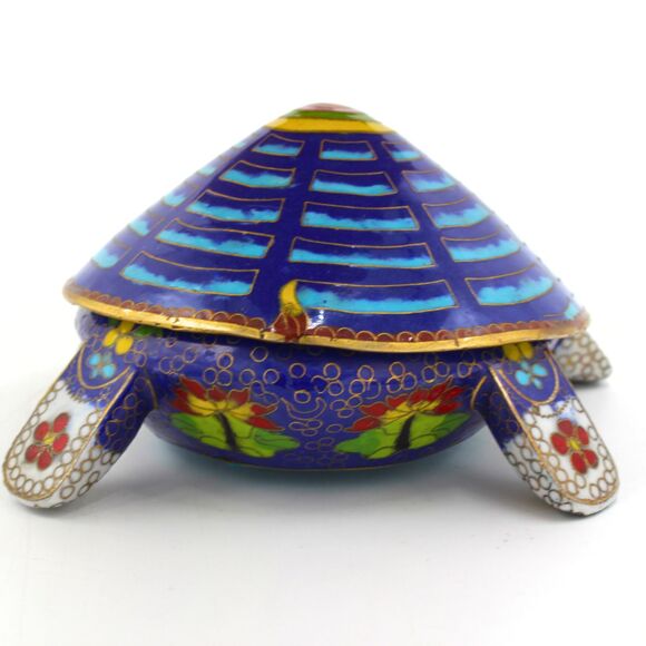 Vintage Cloisonné Turtle Trinket Box Blue Enamel Brass Figurine Lidded Shell - Picture 6 of 8